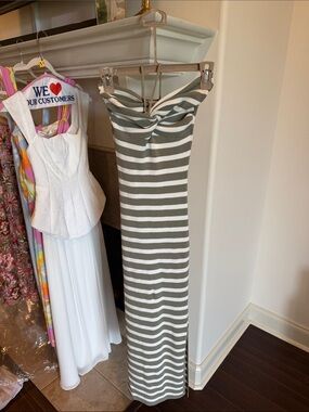 Olive and White Striped Strapless Knit Maxi Dress